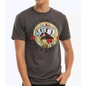 Cuphead Mugman Dont Deal with the Devil Tee Shirt Men S Charcoal Gray